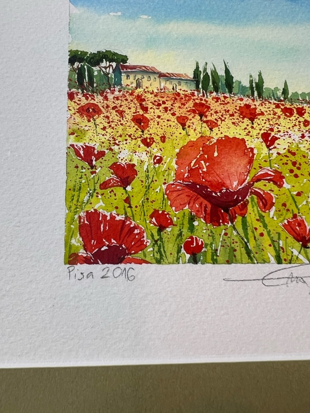 Original Signed Poppy Field Watercolor | Tuscan Landscape | Framed 12x12 - Picture 5 of 8